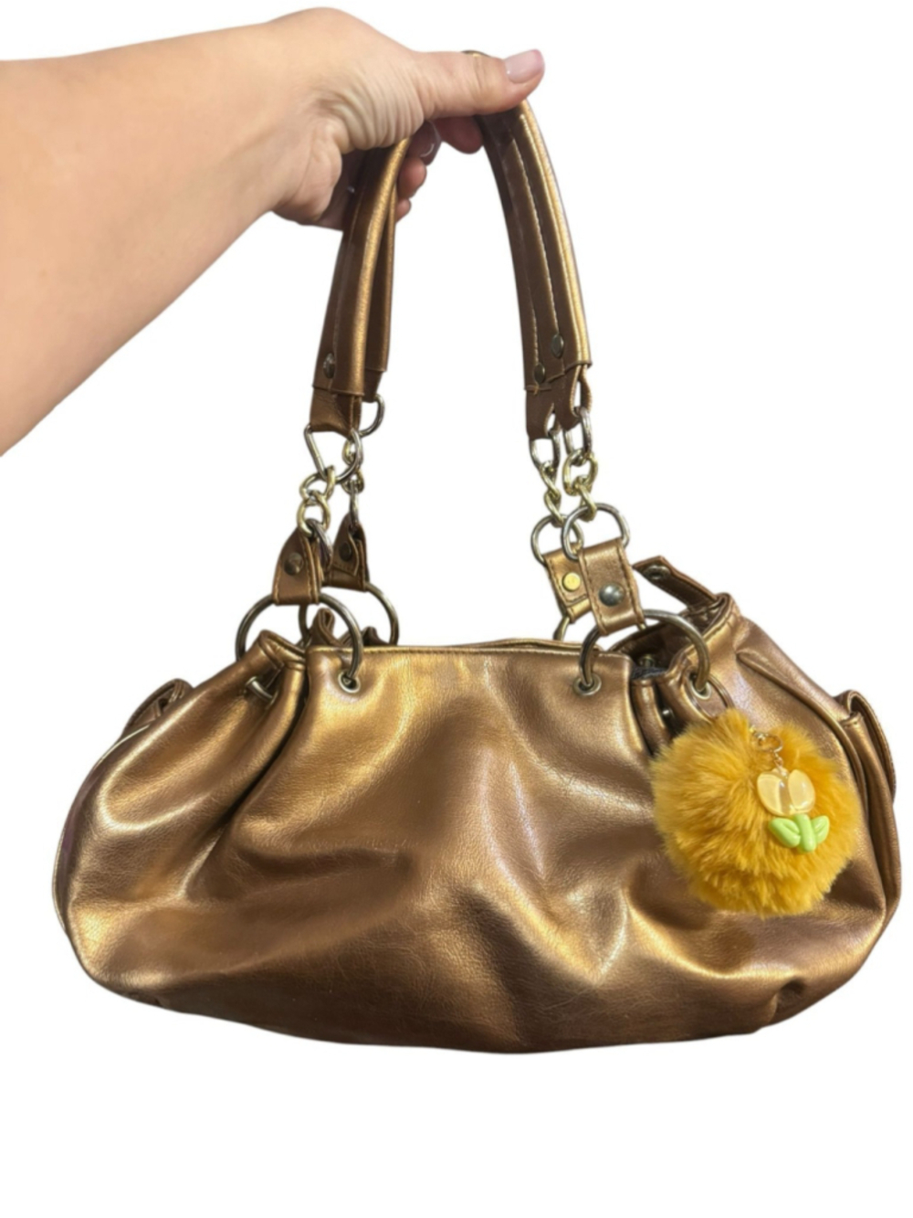 Y2K Metallic Bronze Slouchy Shoulder Bag w/ Chain Detail + Pom Charm
